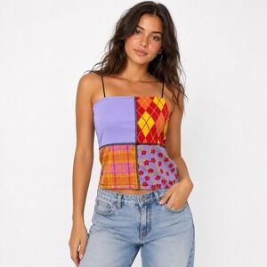 rue21 Patchwork Cami Top Large Multicolor Argyle Floral Plaid Ribbed Y2K